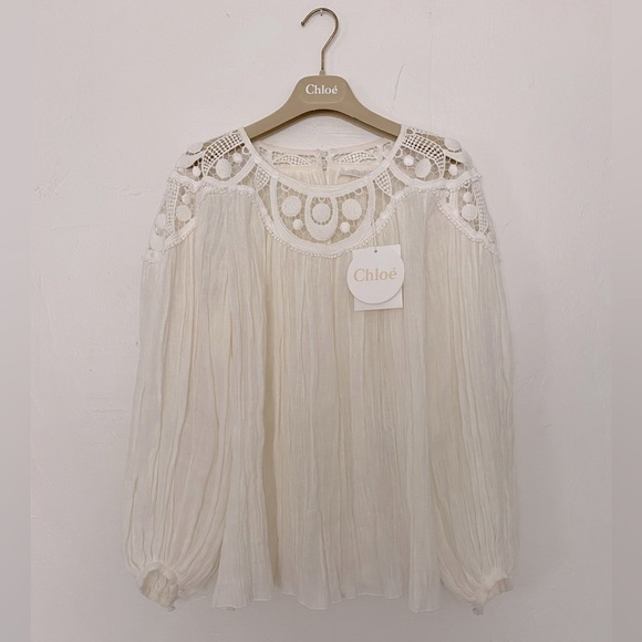 NWT CHLOE BOHO CROCHET MILK WHITE GUIPURE LACE EMBROIDERY BLOUSE SHIRT TOP 36 - Picture 11 of 15